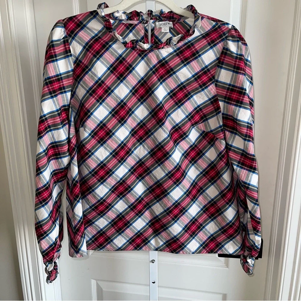 J.Crew Plaid Ruffle Neck Blouse Size L Red Blue White Cotton Long Sleeve Top